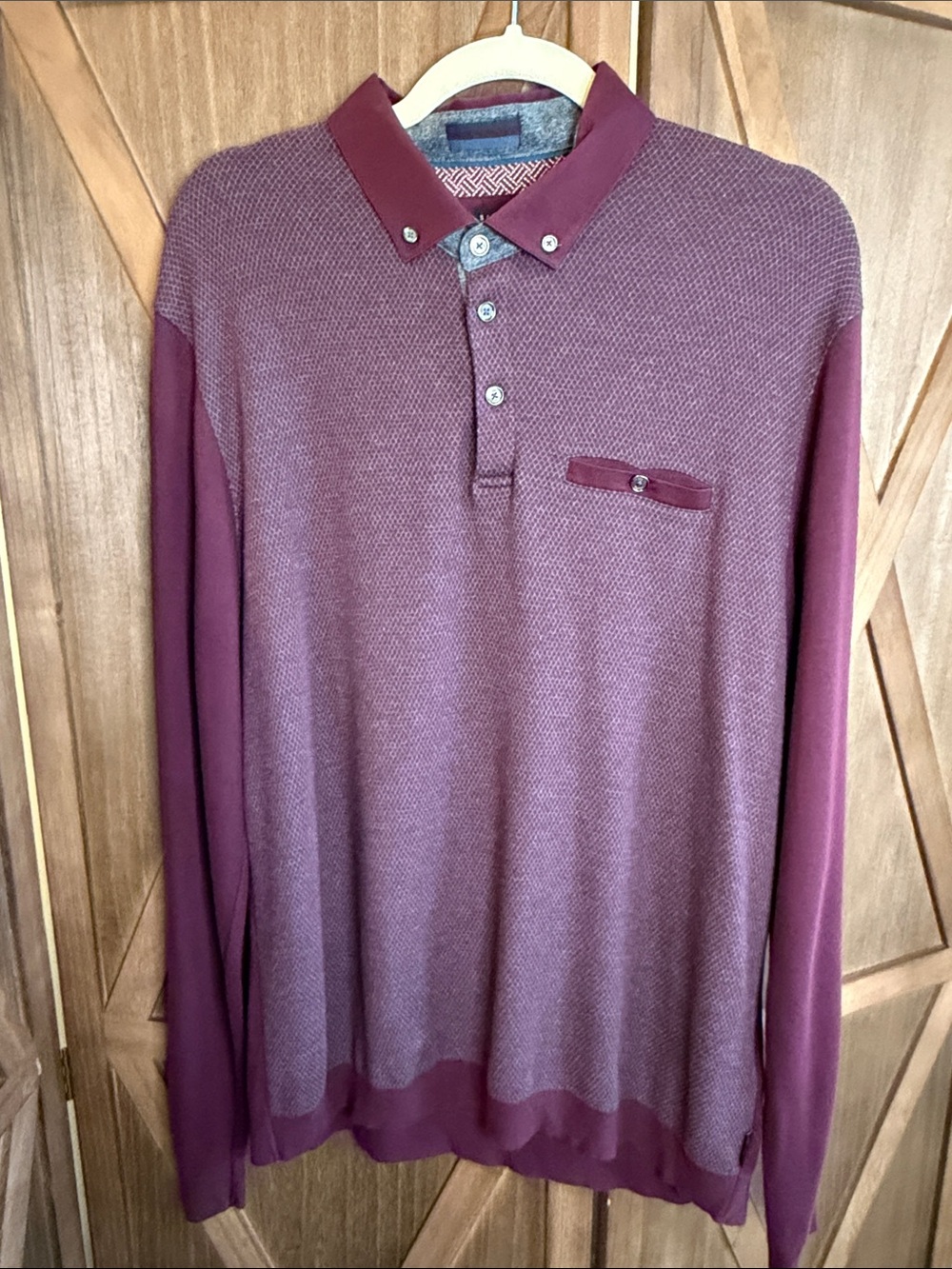 TED BAKER Burgundy Textured Knit Long Sleeve Polo Shirt SIZE 6 or XL